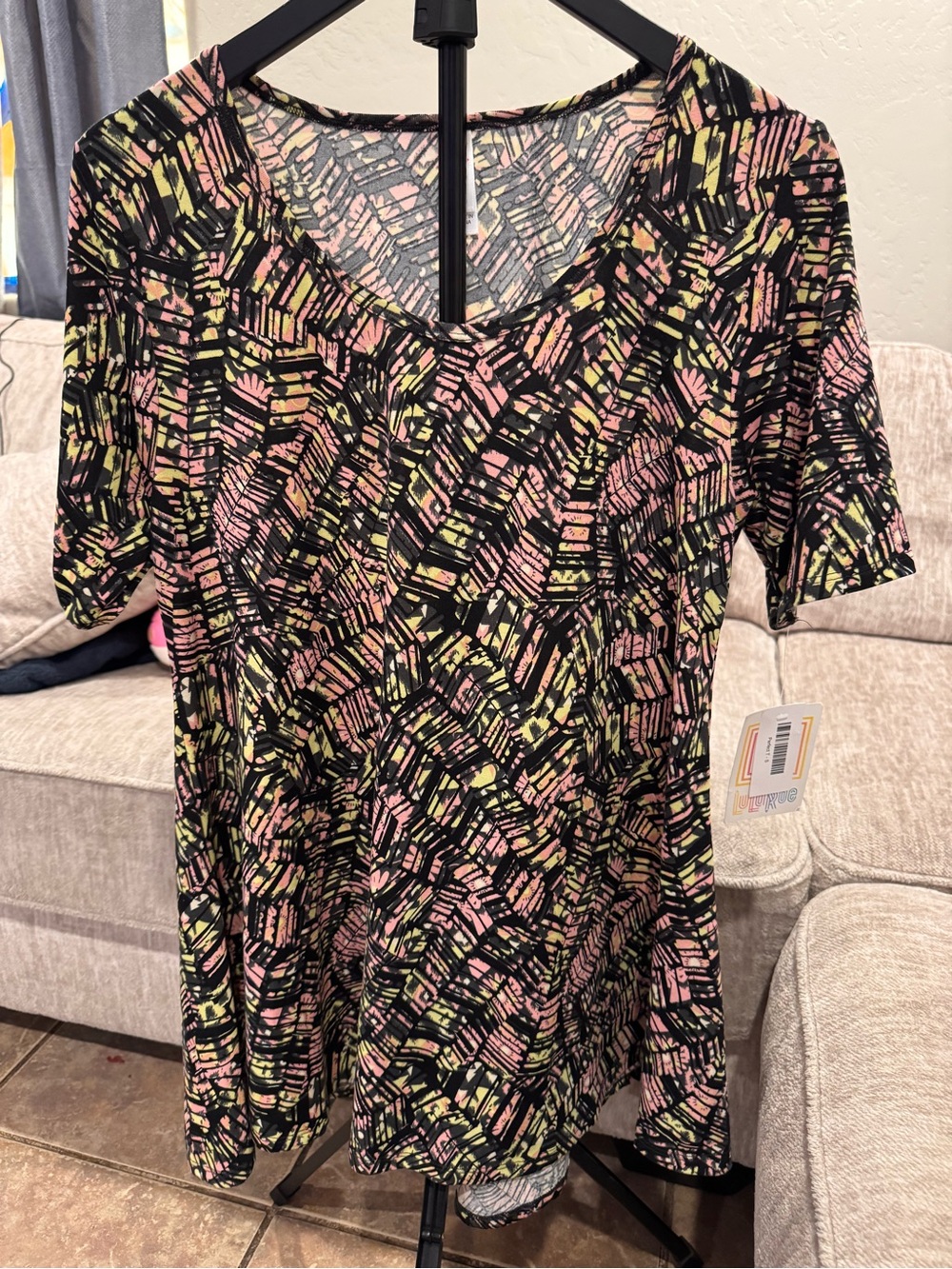 LuLaRoe Short Sleeve V-Neck Tunic in Black with Pink & Yellow Abstract Print